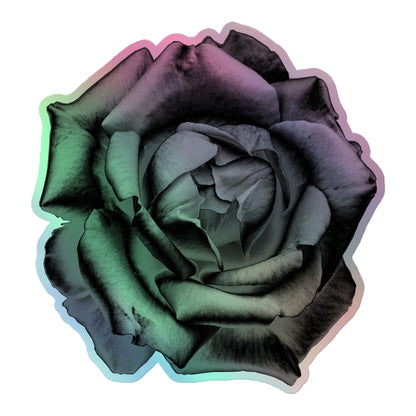 A large kiss-cut holographic sticker with an image of a grey charcoal drawing style rose design.