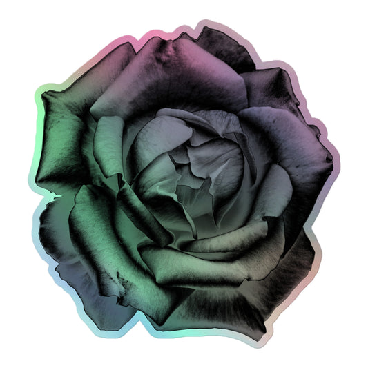 A large kiss-cut holographic sticker with an image of a grey charcoal drawing style rose design.