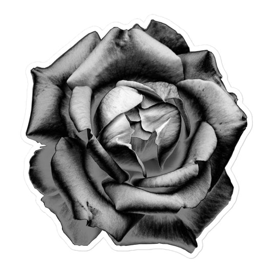 A large kiss-cut vinyl sticker with an image of a grey charcoal drawing style rose.