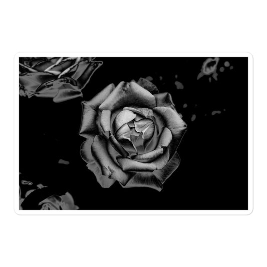 A large rectangular vinyl sticker with an image of a grey charcoal rose design.