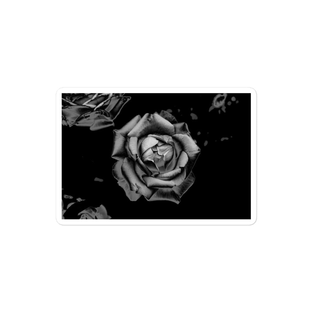 A medium rectangular vinyl sticker with an image of a grey charcoal rose design.