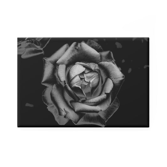 A rectangular button magnet with an image of a charcoal drawing rose design.