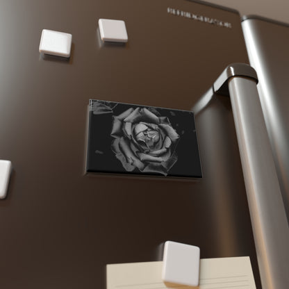 Lifestyle photo of a rectangular button magnet with an image of a charcoal drawing rose design, placed on a fridge.