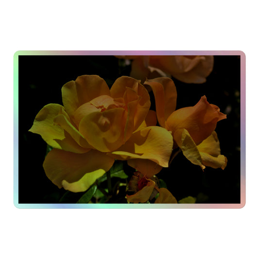 A large rectangular holographic sticker with a high-contrast image of vivid yellow roses against a dark background.