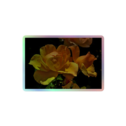 A medium rectangular holographic sticker with a high-contrast image of vivid yellow roses against a dark background.