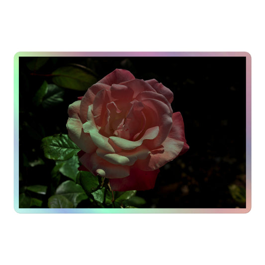 A large rectangular holographic sticker with a high-contrast image of a pink rose with dark green leaves.