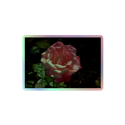 A medium rectangular holographic sticker with a high-contrast image of a pink rose with dark green leaves.