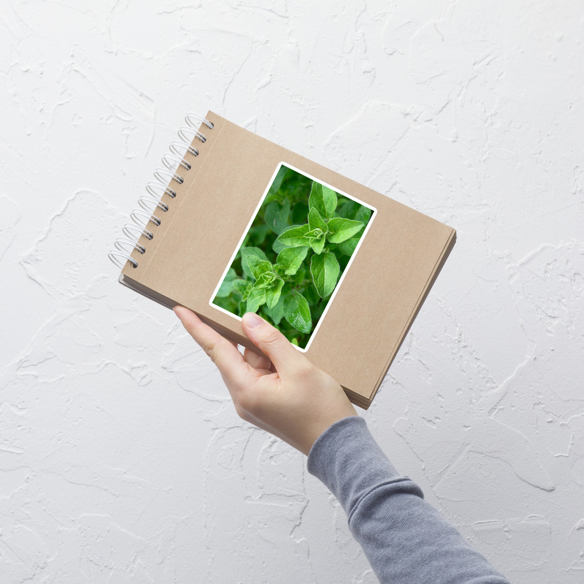 Lifestyle photo of a rectangular vinyl sticker with a close-up image of bright green oregano leaves, placed on a small notepad.