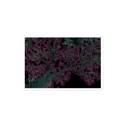 A medium rectangular vinyl sticker with an image of a neon pink and turquoise tree design with lightning like features.
