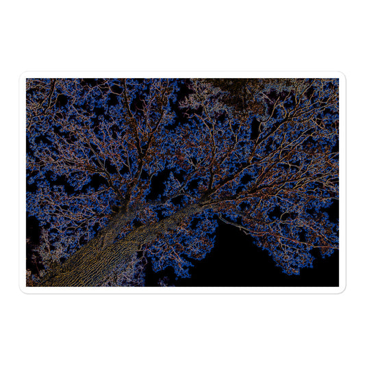 A large rectangular vinyl sticker with an image of a neon blue and yellow tree design with lightning like features.