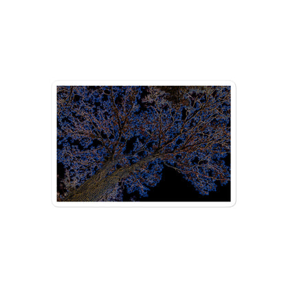 A medium rectangular vinyl sticker with an image of a neon blue and yellow tree design with lightning like features.