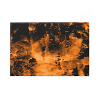 A rectangular button magnet with an image of a vivid orange and black water reflection design.