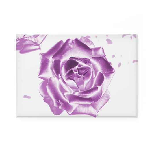 A rectangular button magnet with an image of a pink reflective rose design.