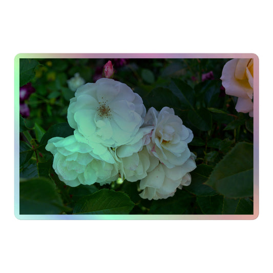 A large rectangular holographic sticker with an image of a cluster of white roses with dark green leaves.