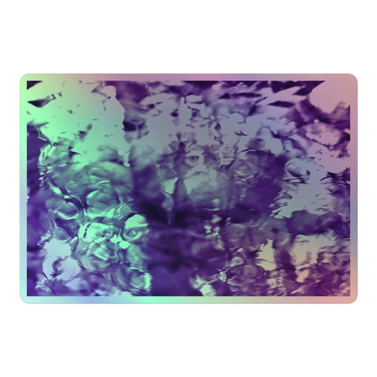 A large rectangular holographic sticker with an image of a vivid purple water reflection design.
