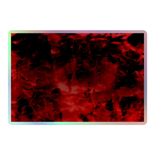A large rectangular holographic sticker with an image of a vivid red and black water reflection design.