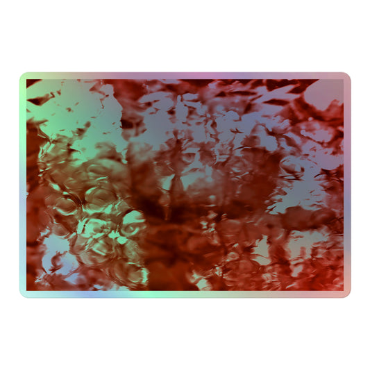 A large rectangular holographic sticker with an image of a vivid red water reflection design.
