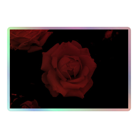 A large rectangular holographic sticker with an image of a red vivid rose design.