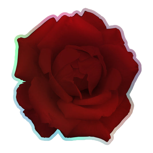 A large kiss-cut holographic sticker with an image of a vivid red rose design.