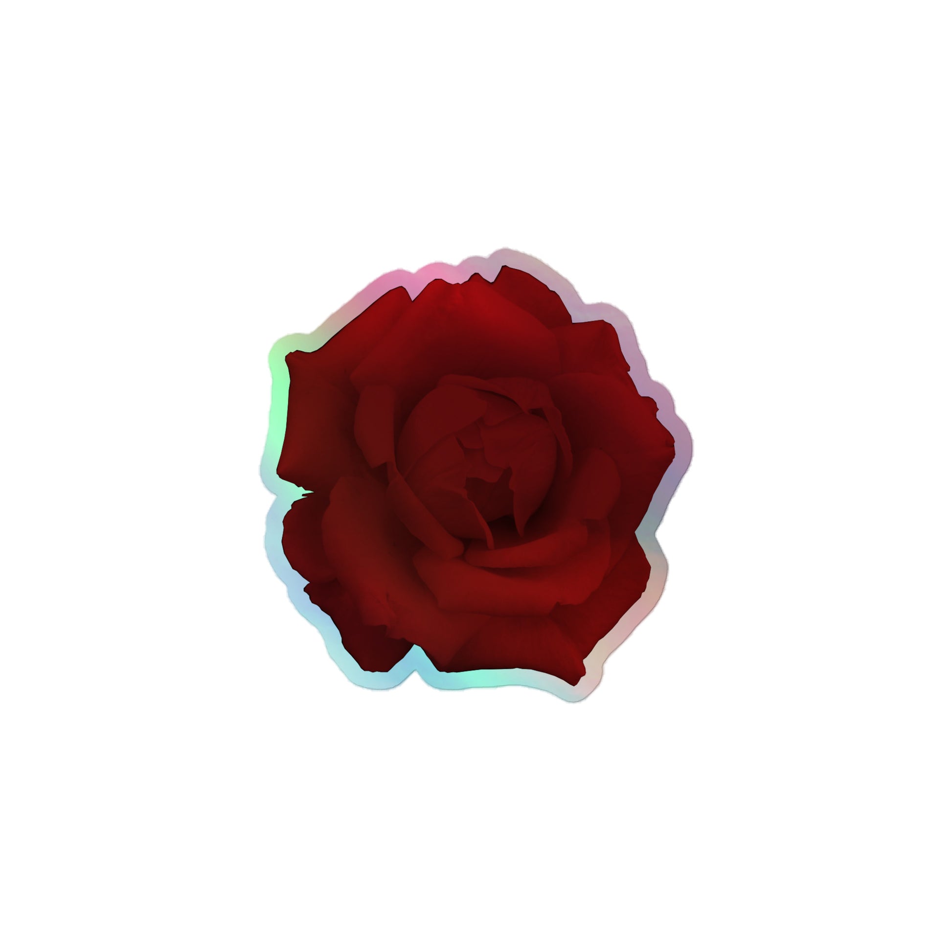 A small kiss-cut holographic sticker with an image of a vivid red rose design.