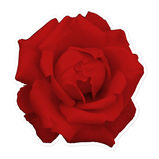 A large kiss-cut vinyl sticker with an image of a vivid red rose design.