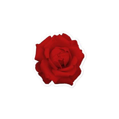 A small kiss-cut vinyl sticker with an image of a vivid red rose design.