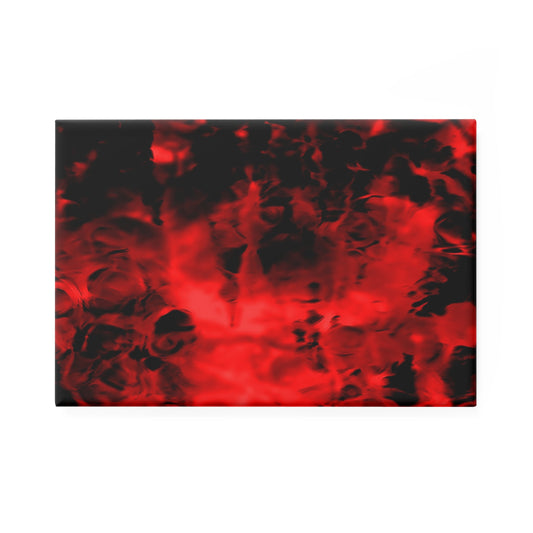 A rectangular button magnet with an image of a vivid red and black water reflection design.