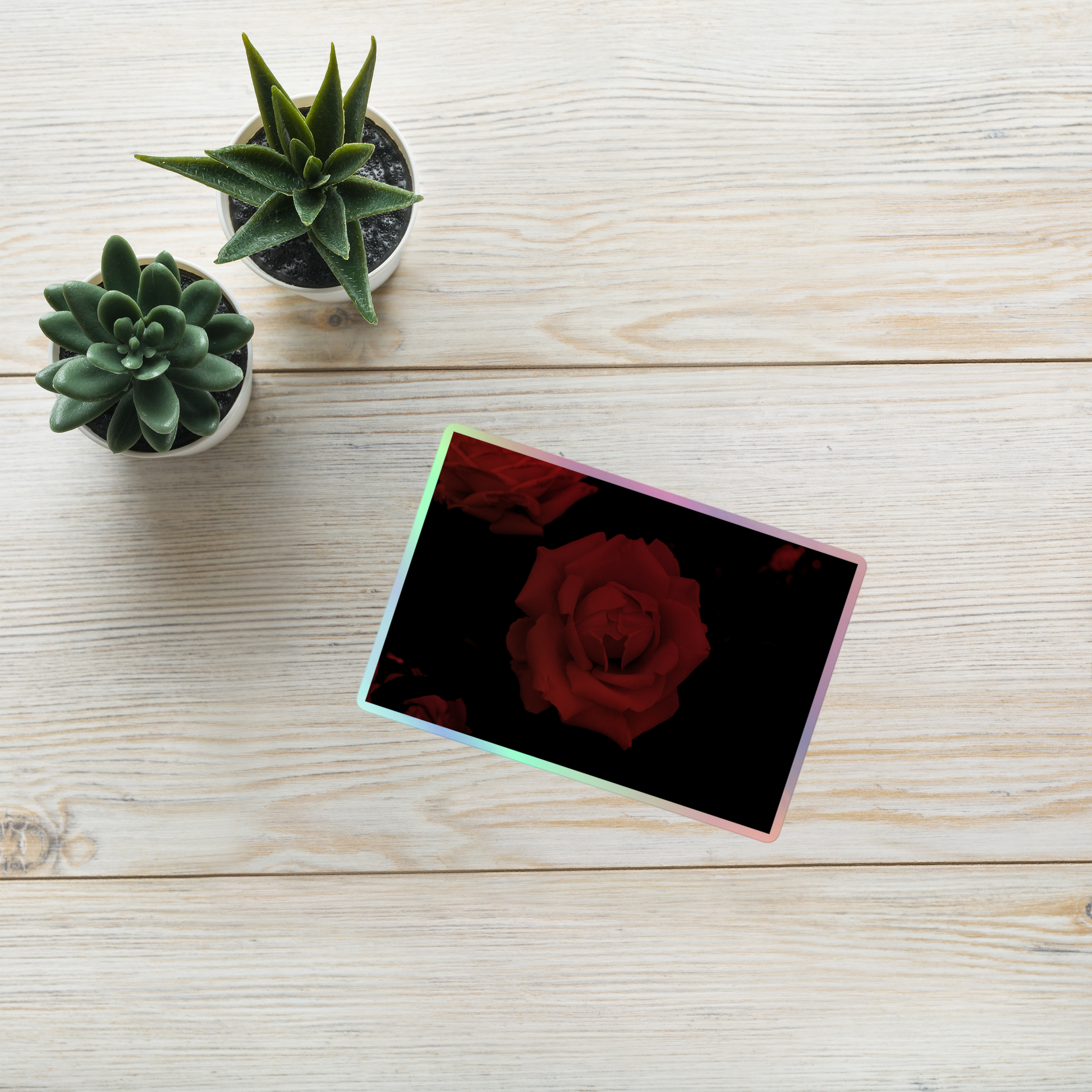 Lifestyle photo of a rectangular holographic sticker with an image of a red vivid rose design, placed on a table with two small succulents.