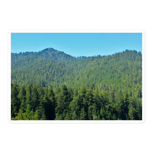 A large rectangular vinyl sticker with an image of mountain landscape with redwood trees and blue sky.