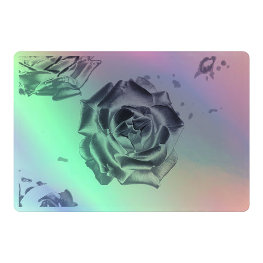 A large rectangular holographic sticker with an image of a silver reflective rose design.