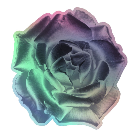 A large kiss-cut holographic sticker with an image of a reflective silver rose design.