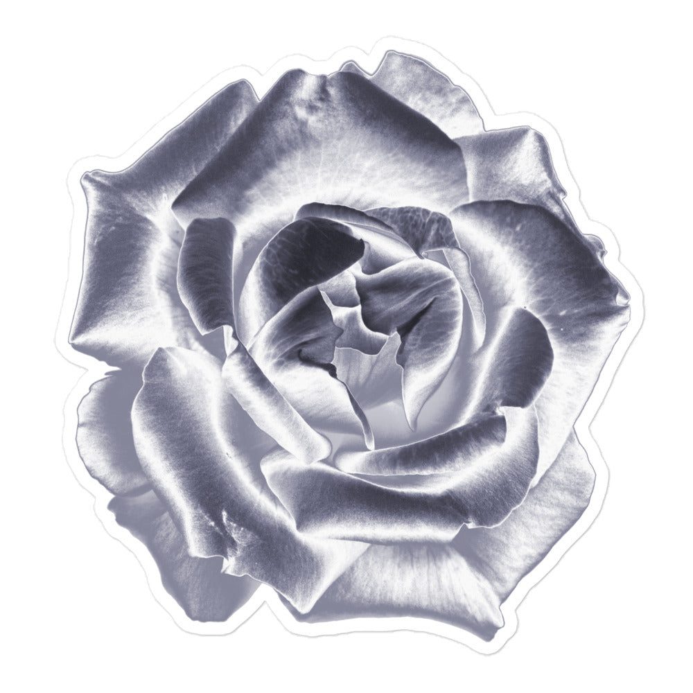A large kiss-cut vinyl sticker with an image of a silver reflective rose.