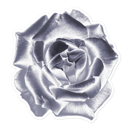 A large kiss-cut vinyl sticker with an image of a silver reflective rose.