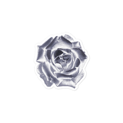 A small kiss-cut vinyl sticker with an image of a silver reflective rose.