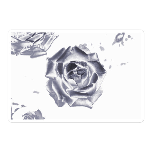 A large rectangular vinyl sticker with an image of a reflective silver rose design.