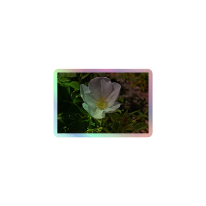 A small rectangular holographic sticker with a close-up image of a white flower with yellow stamen.