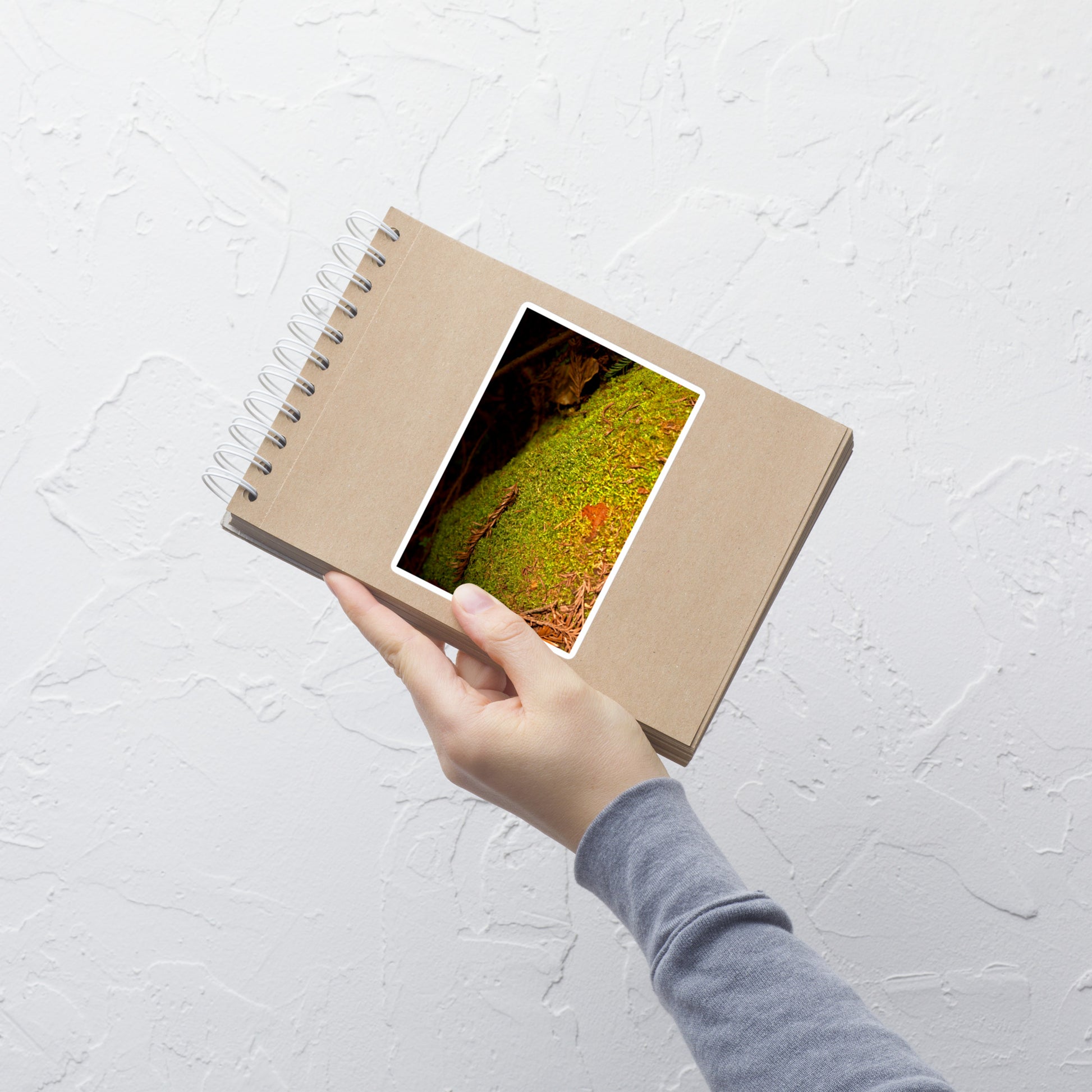 Lifestyle photo of a rectangular vinyl sticker with an image of green moss on a fallen tree, placed on a small notepad.