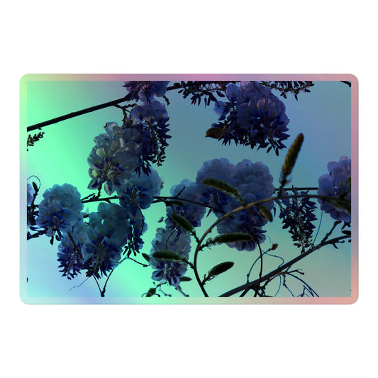 A large rectangular holographic sticker with an image of purple wisteria blooms with blue sky in the background.