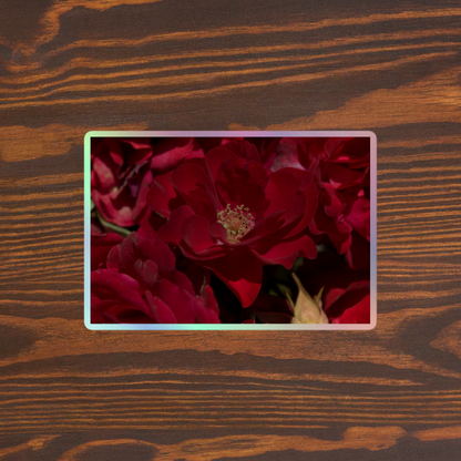 Lifestyle photo of a rectangular holographic sticker with a close-up image of dark red roses, placed on a brown wooden table surface.