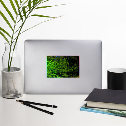 Lifestyle photo of a rectangular holographic sticker with an image of sunlit, bright green tree leaves, placed on a laptop with desk supplies nearby.
