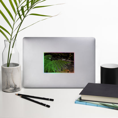Lifestyle photo of a rectangular holographic sticker with an image of a bright green fern with a forest creek in the background, placed on a laptop with desk supplies nearby.