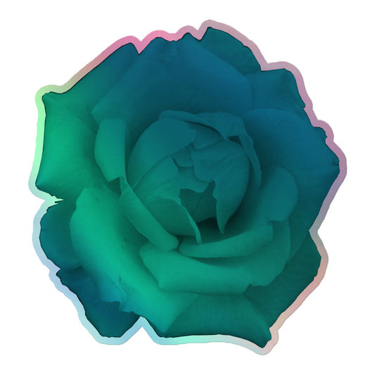 A large kiss-cut holographic sticker with an image of a vivid turquoise rose design.