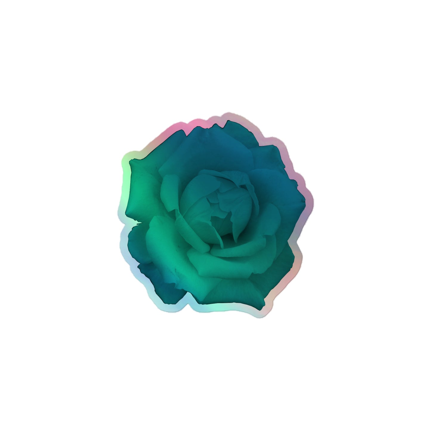 A small kiss-cut holographic sticker with an image of a vivid turquoise rose design.