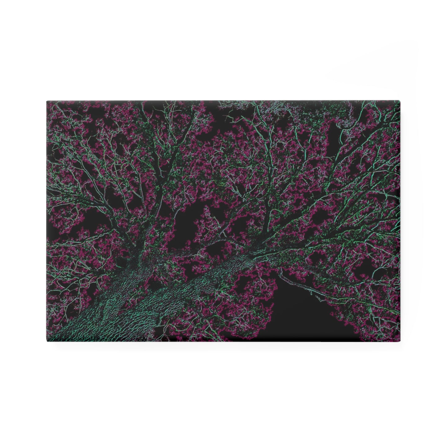 A rectangular button magnet with an image of a neon turquoise and pink tree design with lightning like features.