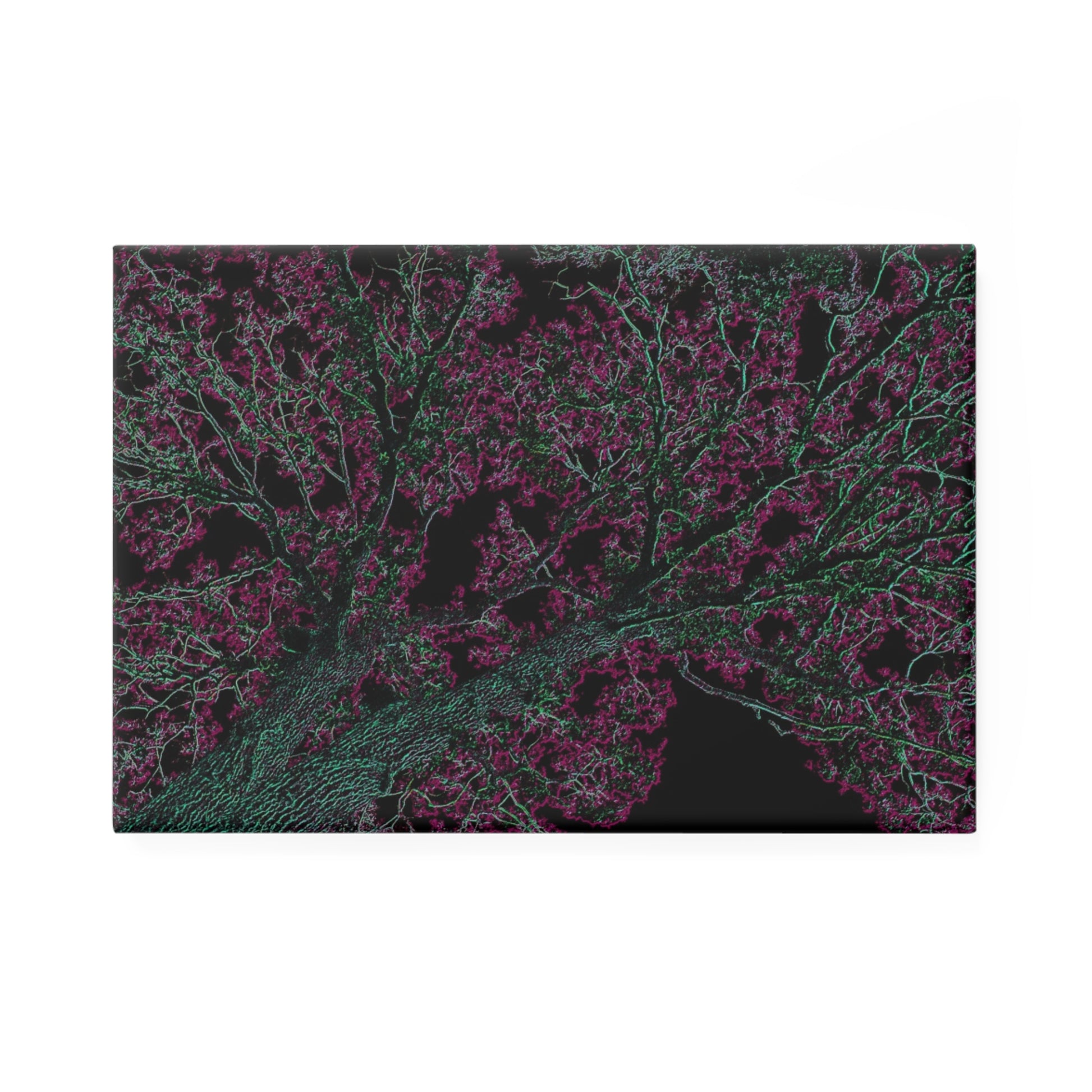 A rectangular button magnet with an image of a neon turquoise and pink tree design with lightning like features.