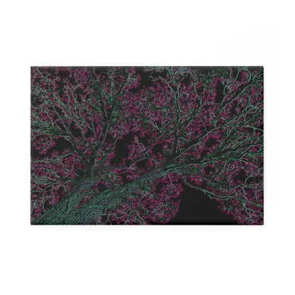 A rectangular button magnet with an image of a neon turquoise and pink tree design with lightning like features.
