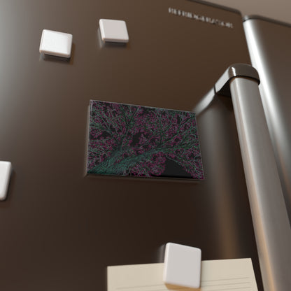 Lifestyle photo of a rectangular button magnet with an image of a neon turquoise and pink tree design with lightning like features, placed on a fridge.