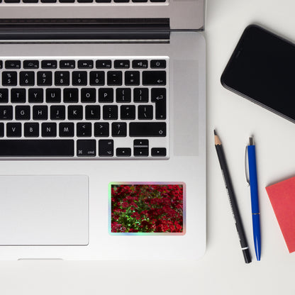 Lifestyle photo of a rectangular holographic sticker with an image of many small, bright red flowers, placed on a laptop to the right of the mouse pad.