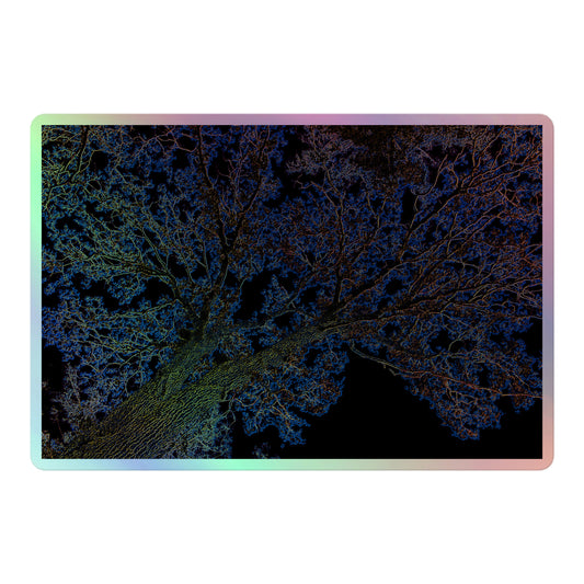 A large rectangular holographic sticker with an image of a yellow and blue neon tree lightning design.
