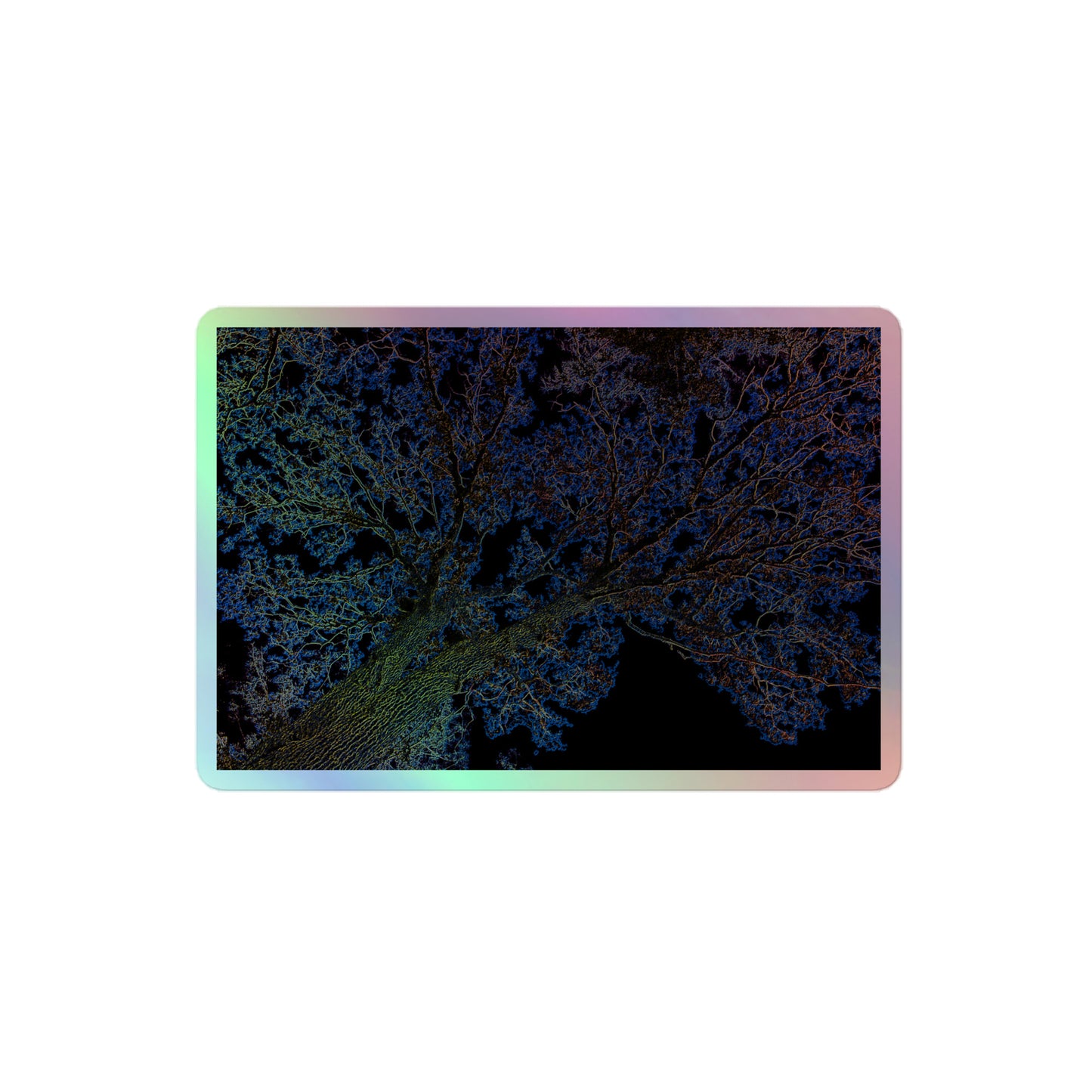 A medium rectangular holographic sticker with an image of a yellow and blue neon tree lightning design.
